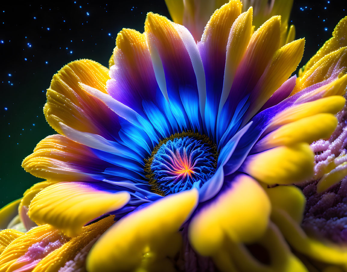 Macro shot of vibrant flower with blue and yellow petals on starry background