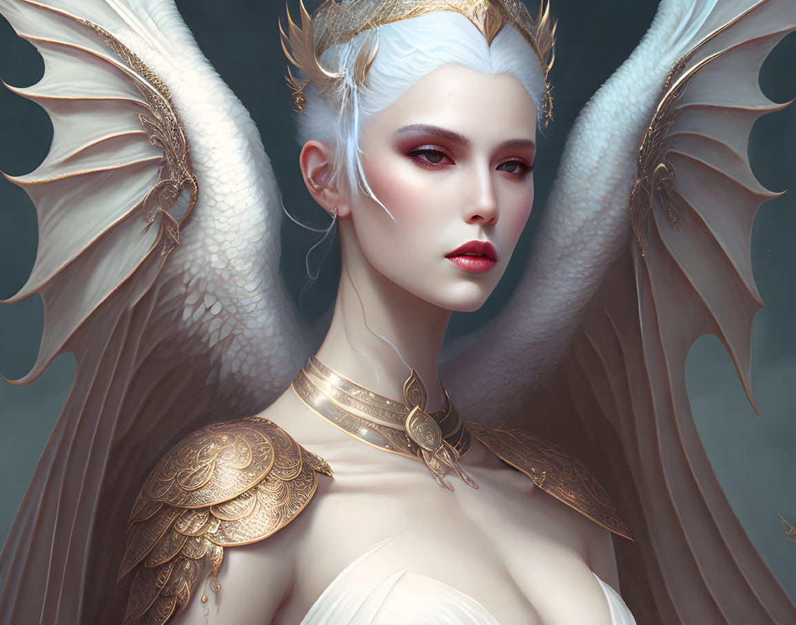 Illustrated female figure with white wings and gold armor on grey background