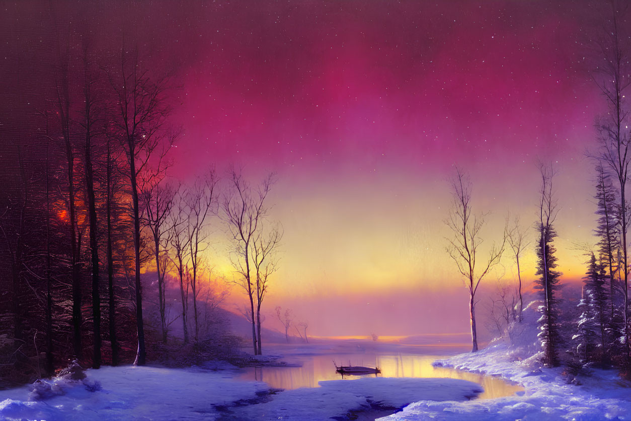 Snowy Twilight Landscape: Bare Trees, Colorful Sky, Small Boat