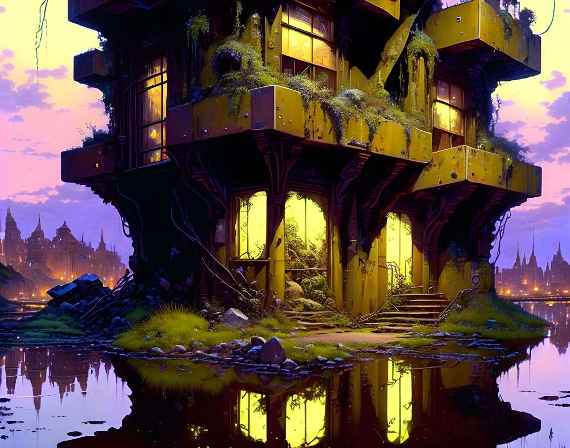 Enchanted treehouse with glowing windows by still water