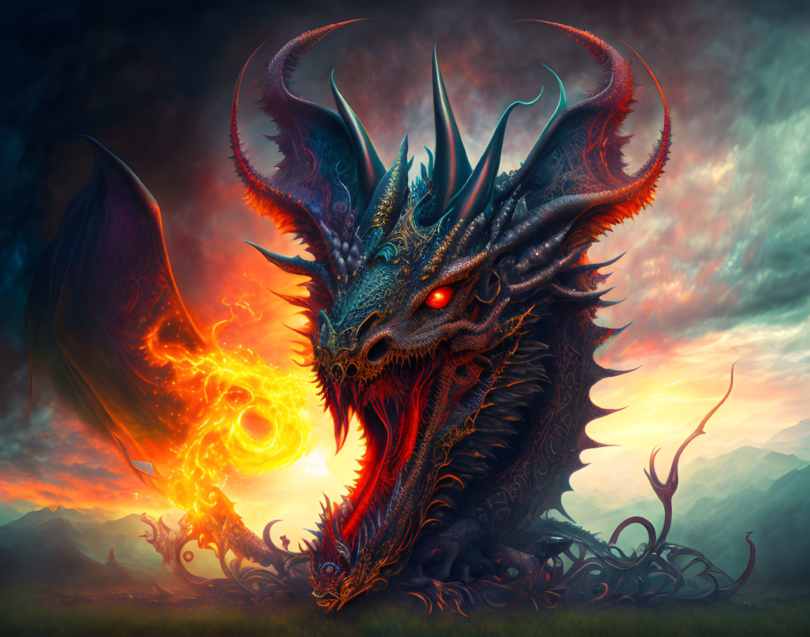 Detailed red-eyed dragon breathing fire at dramatic sunset.