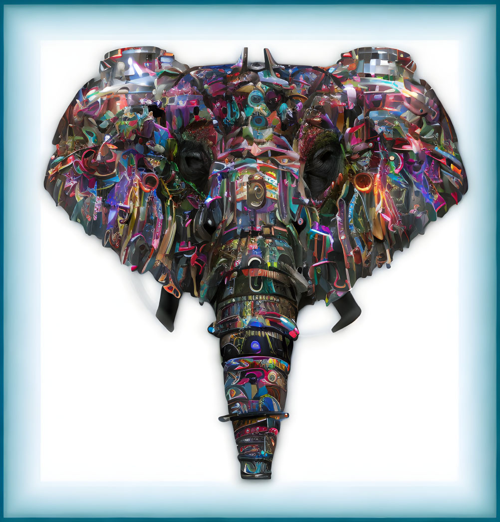 Colorful Elephant Head Artwork with Abstract Mechanical Details