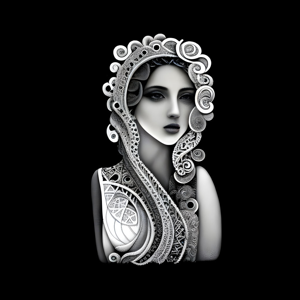 Monochrome digital art of female figure with intricate lace patterns