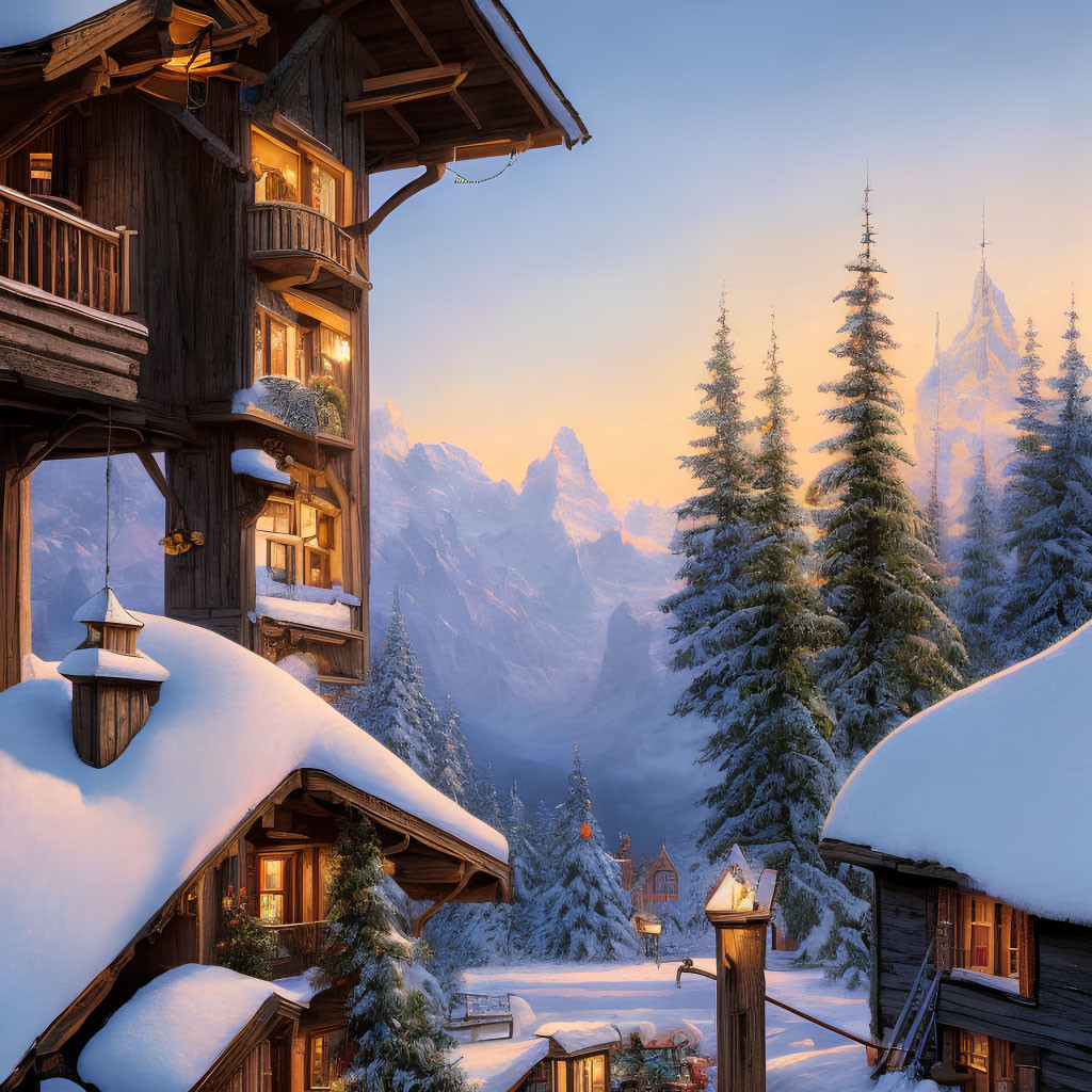 Snow-covered alpine village at golden hour with chalets, fir trees, and distant mountain peaks.