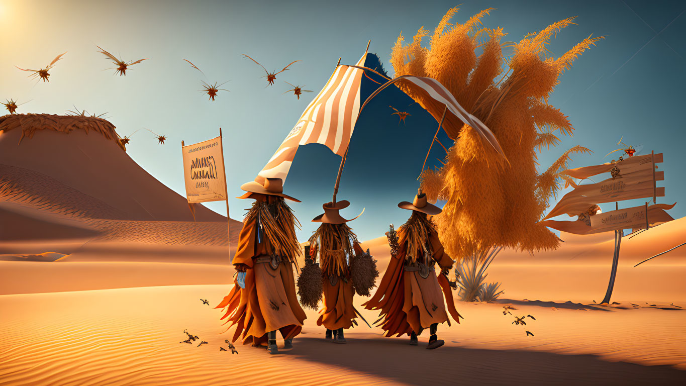 Animated scarecrows in desert with "Scarecrow's Annual Day" sign, crows,