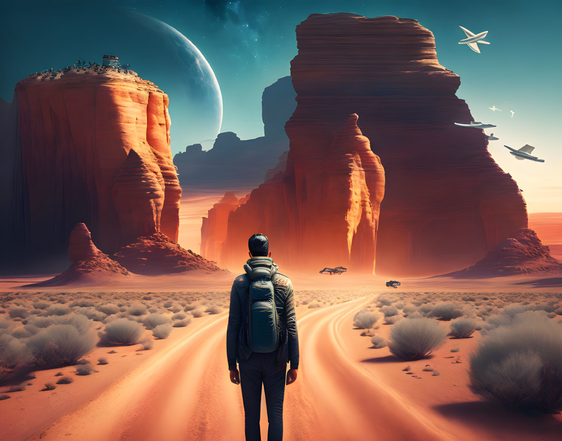 Person with backpack on desert road gazes at towering rock formations, large moon, and futuristic aircraft.