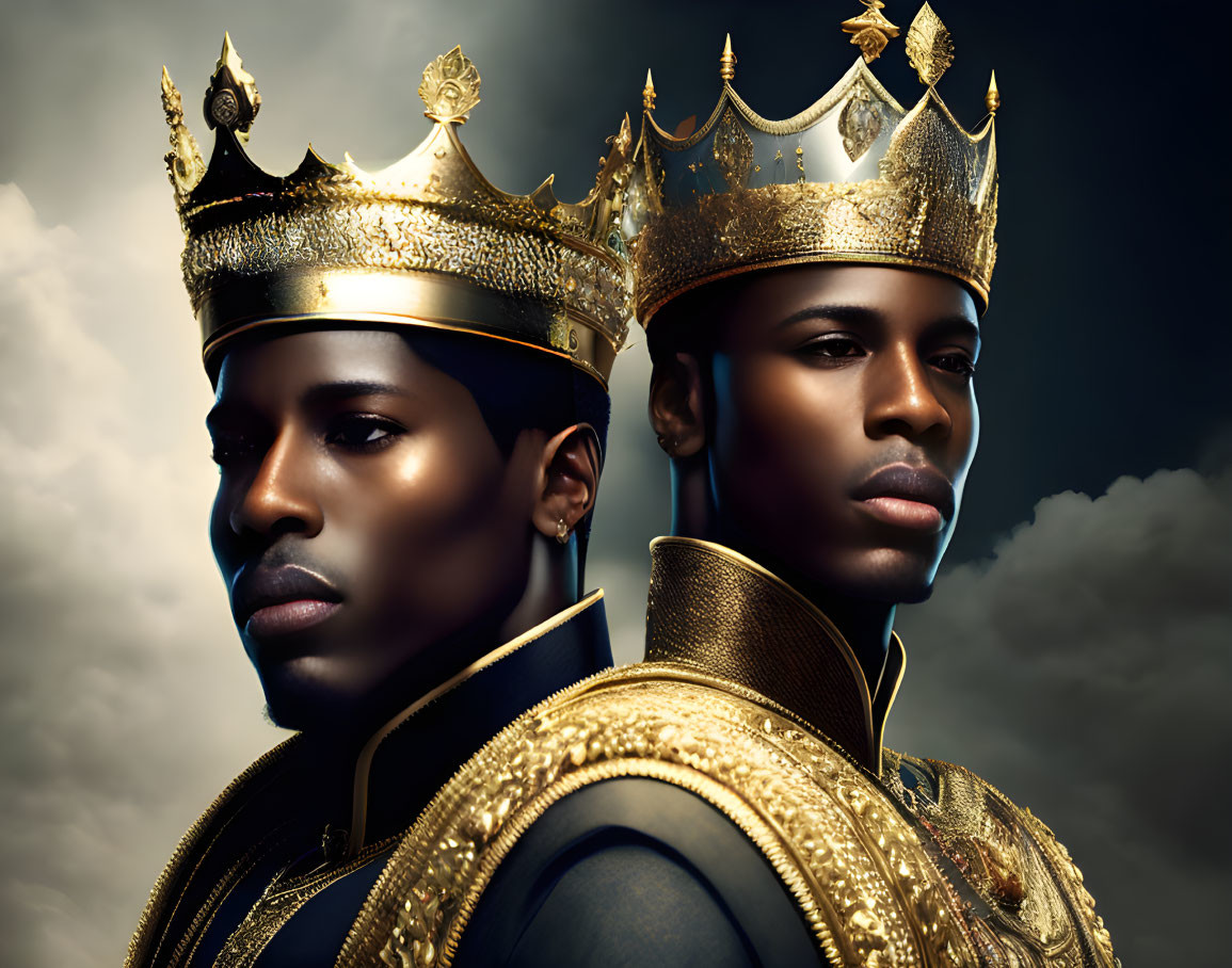 Regal individuals in golden crowns against dramatic sky