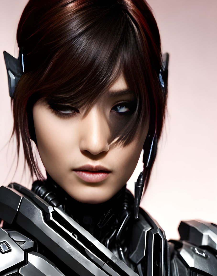 Detailed Female Cyborg Artwork with Robotic Armor and Human-like Features