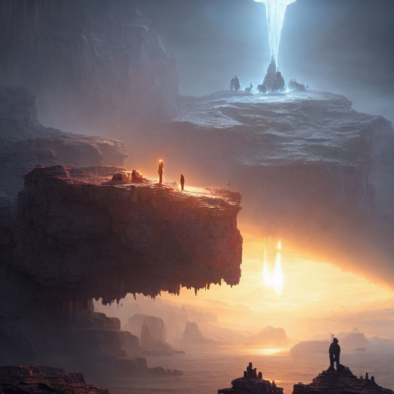 Explorers on rocky outcrop with waterfall and glowing light beams