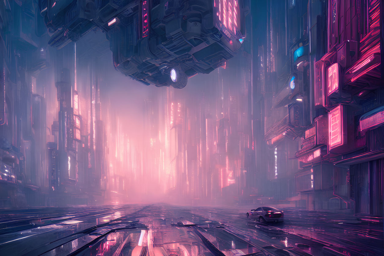 Futuristic cityscape with skyscrapers, neon signs, and hovering structure