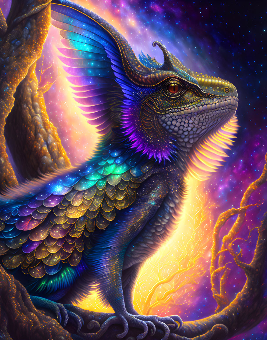 Colorful Mythical Dragon with Iridescent Scales in Cosmic Setting