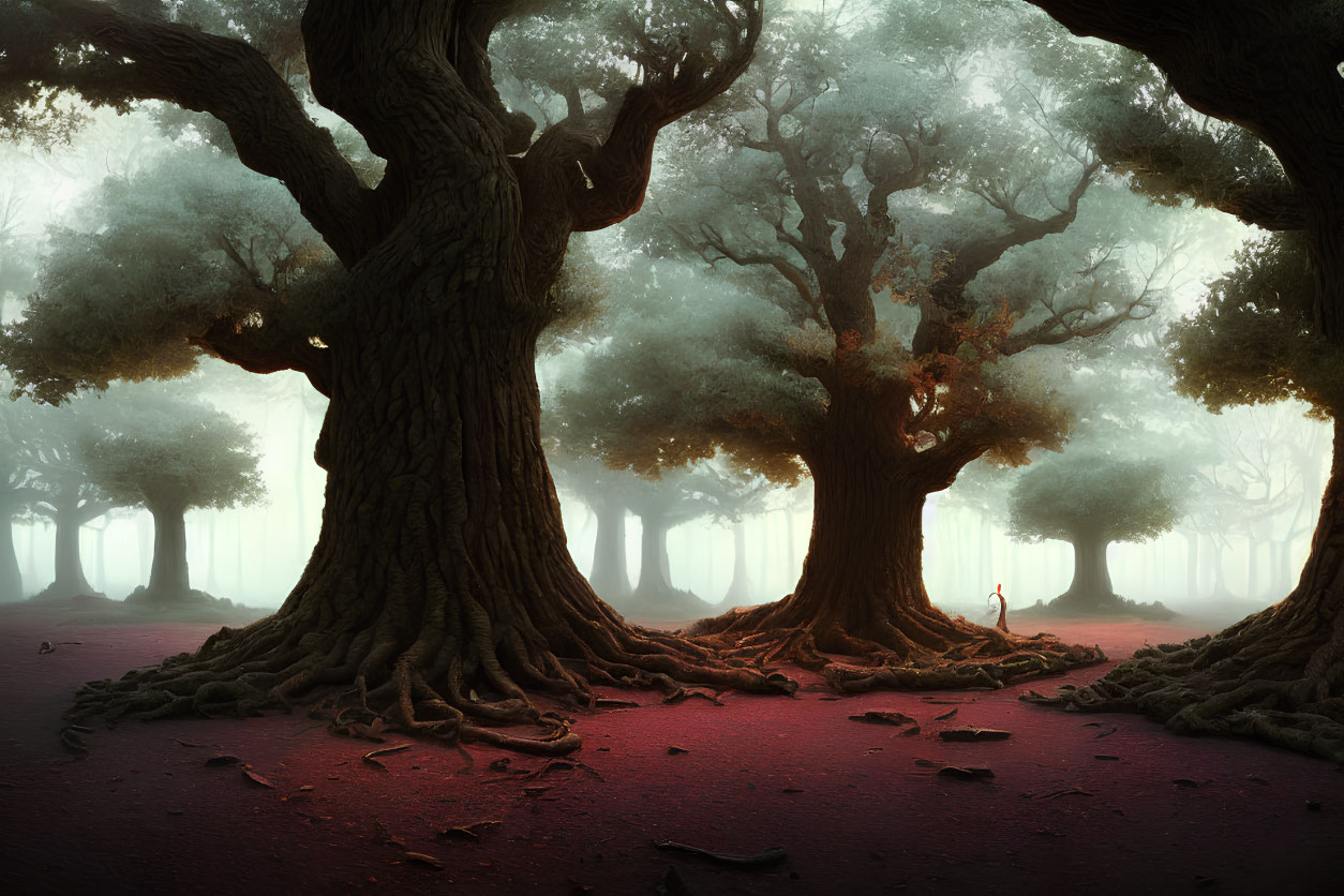 Misty forest scene with old trees, roots, and red foliage