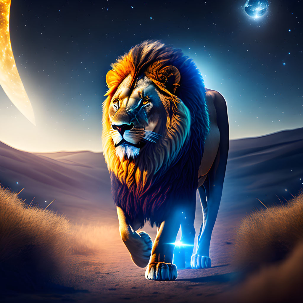 Majestic lion with glowing mane under starry sky and crescent moon.