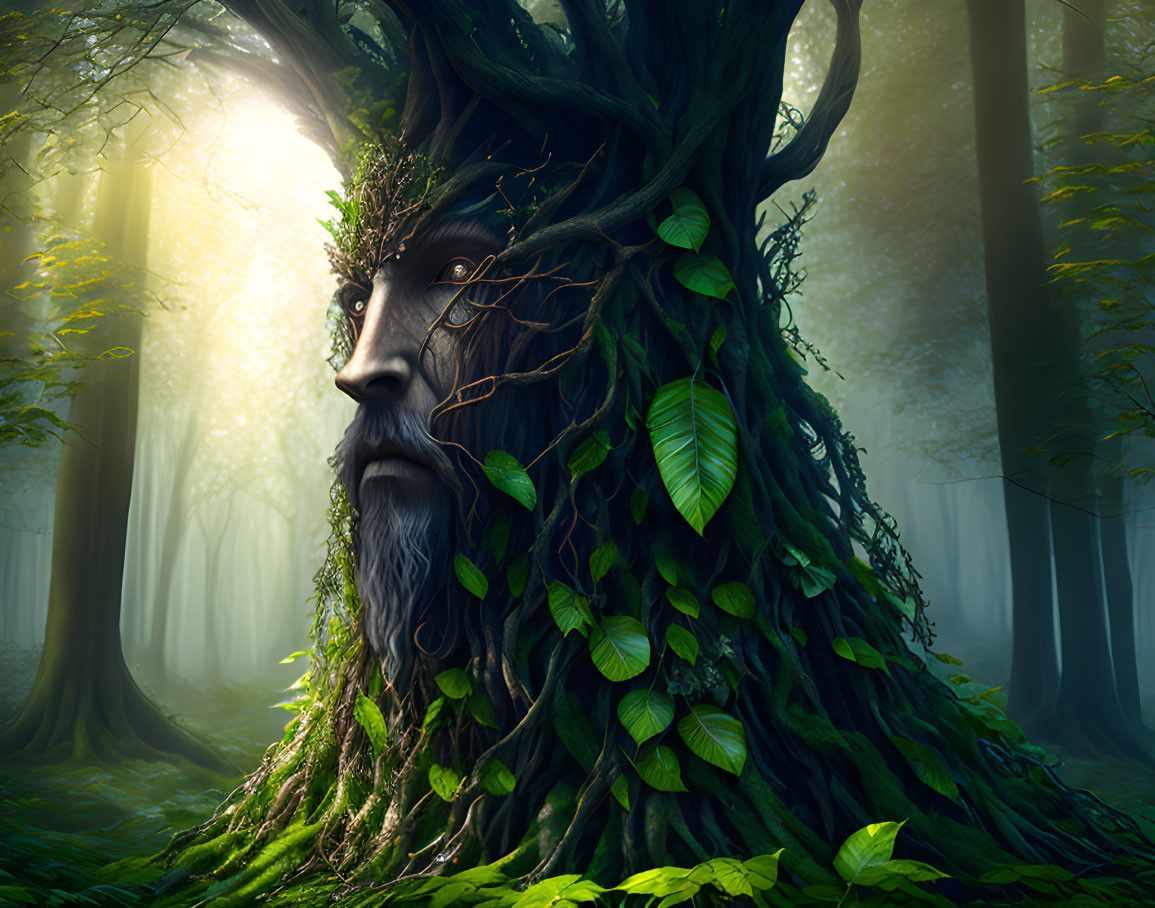 Mystical tree with human-like face in lush forest and ethereal light