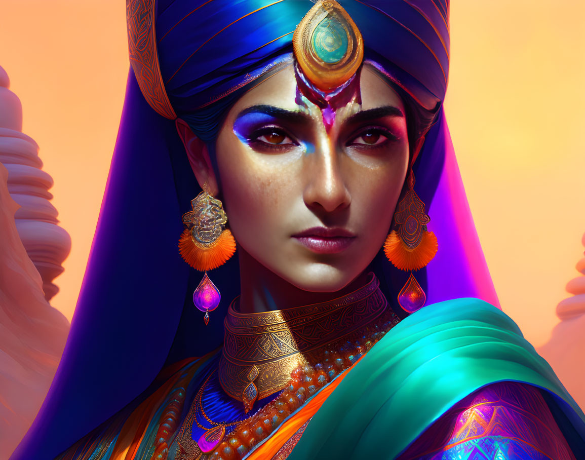 Digital artwork: Woman in vibrant Indian attire with detailed jewelry and bindi on colorful backdrop