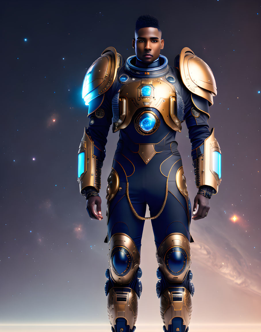 Futuristic spacesuit with gold accents in space scene