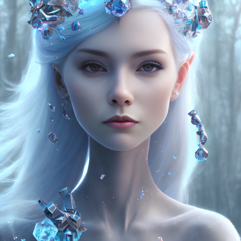 Digital artwork featuring woman with pale skin, icy blue eyes, long silver hair, and crystal crown.