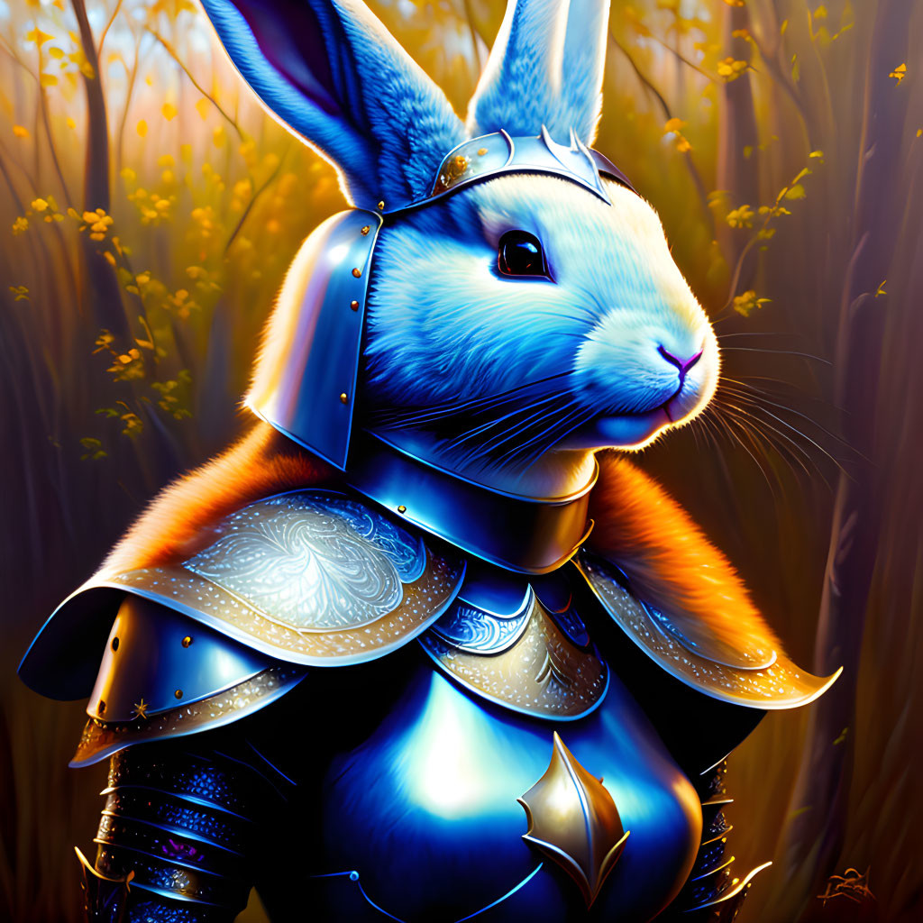 Anthropomorphic rabbit in medieval armor in golden-lit setting