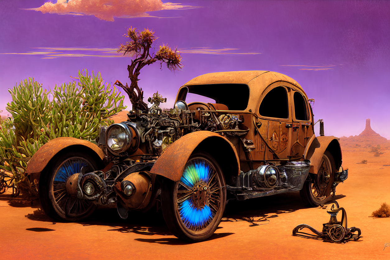 Steampunk-inspired digital artwork of a desert scene with intricate gears and glowing blue wheels