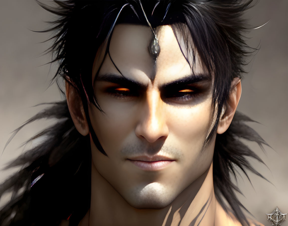 Fantasy male character with sharp features and dark hair