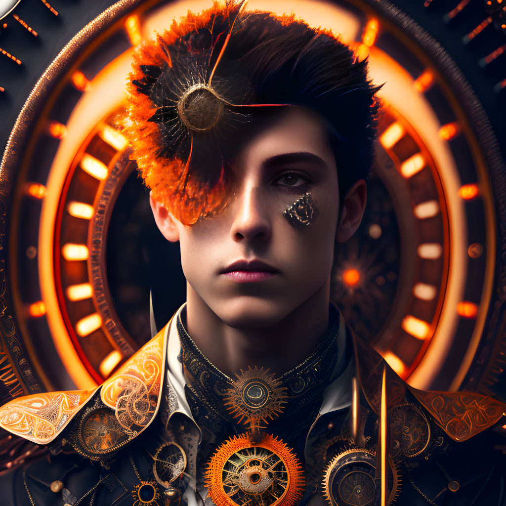 Young man with dark hair in surreal portrait with fiery feathered headdress and golden gear-like tattoos against