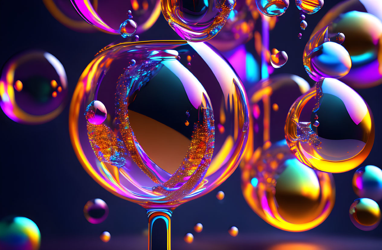 Translucent floating bubbles with iridescent surfaces on blue-purple background