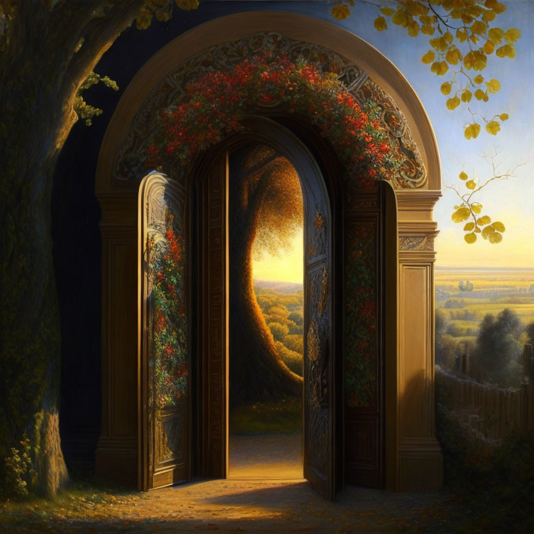 Ornate forest door opens to sunlit countryside path