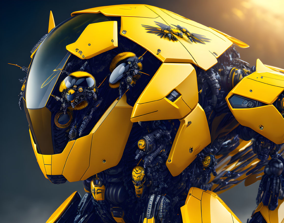 Detailed illustration of yellow robotic bee with intricate mechanical parts