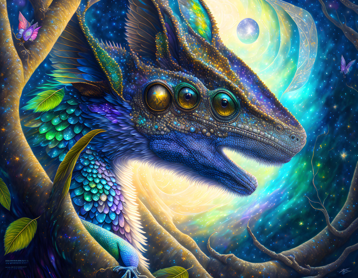 Fantasy-style dragon in tree with luminescent foliage and butterflies