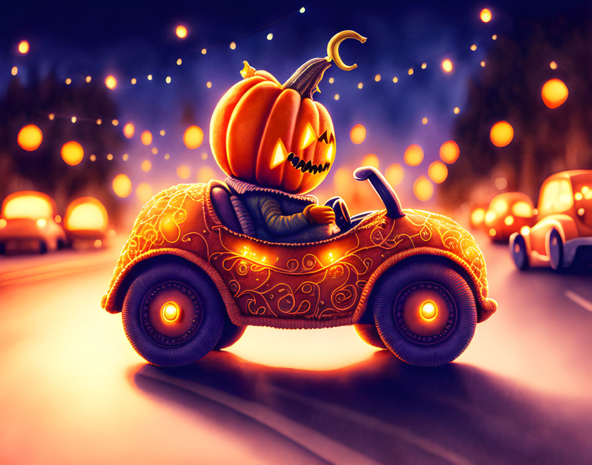 Whimsical pumpkin-headed character driving orange car at dusk