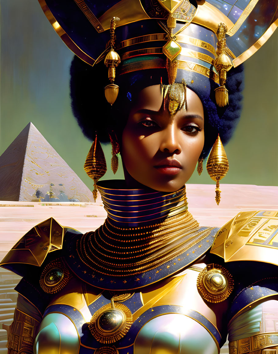 Digital artwork of woman in Egyptian-inspired attire with pyramids