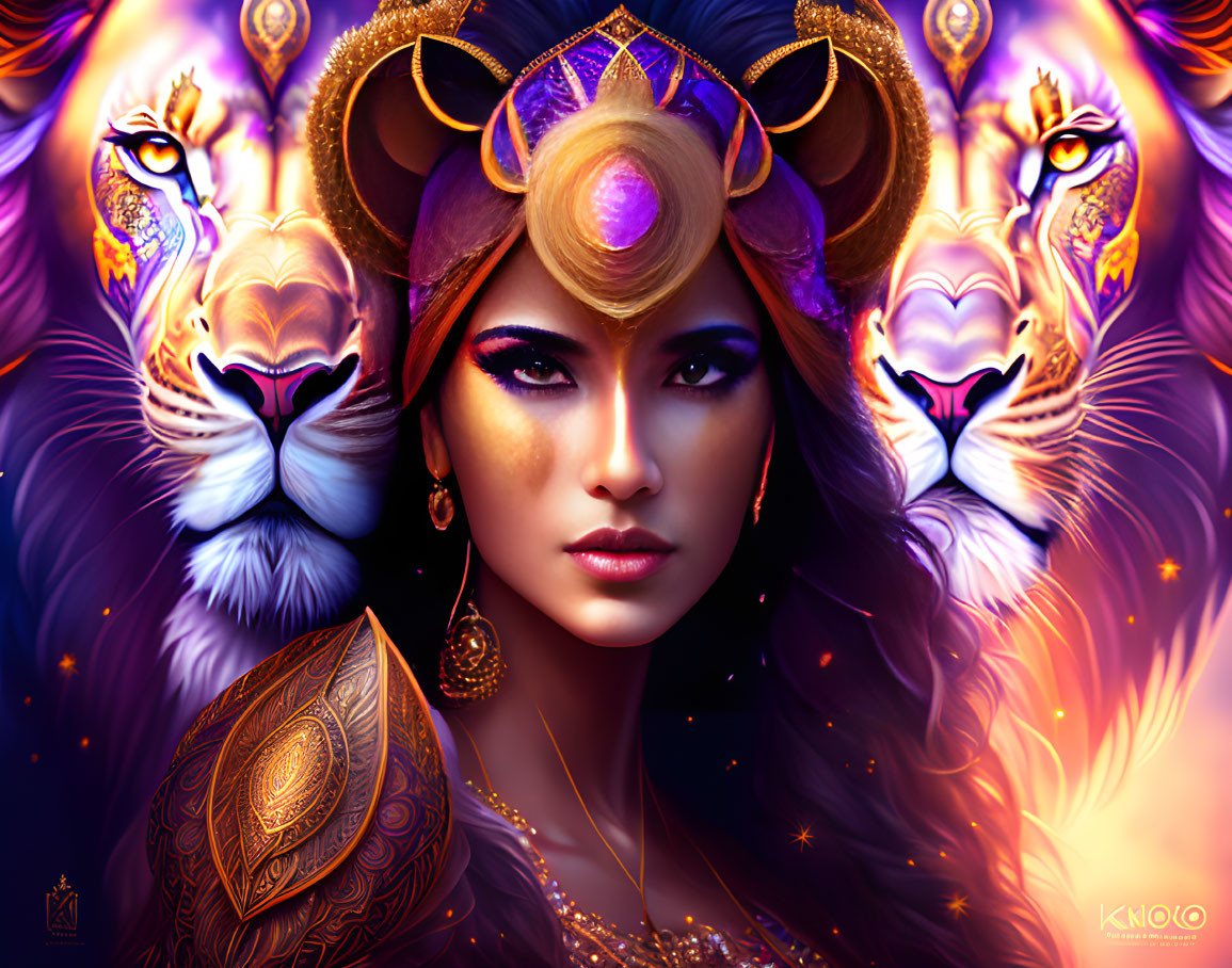 Mystical woman with lion-themed headdress and stylized lions in golden and purple hues