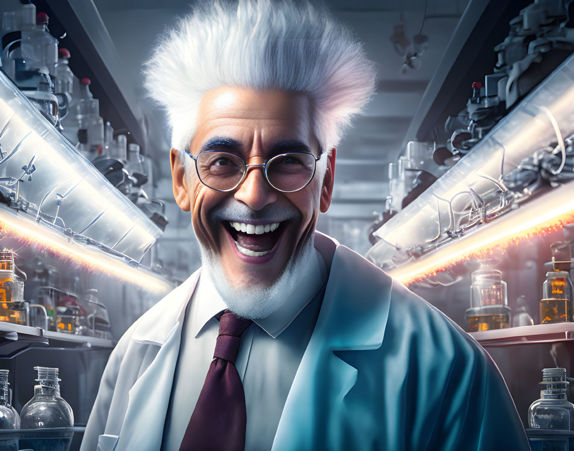 Scientist with white hair in futuristic lab coat and glasses