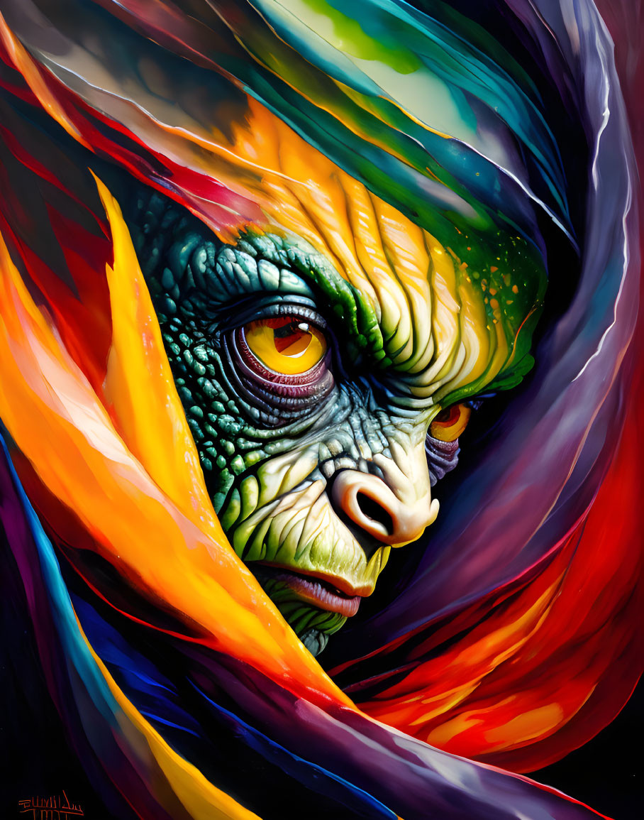 Colorful portrait of a creature with a reptilian face and flowing rainbow textures