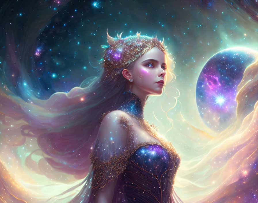 Fantasy illustration of woman with cosmic elements and celestial bodies.