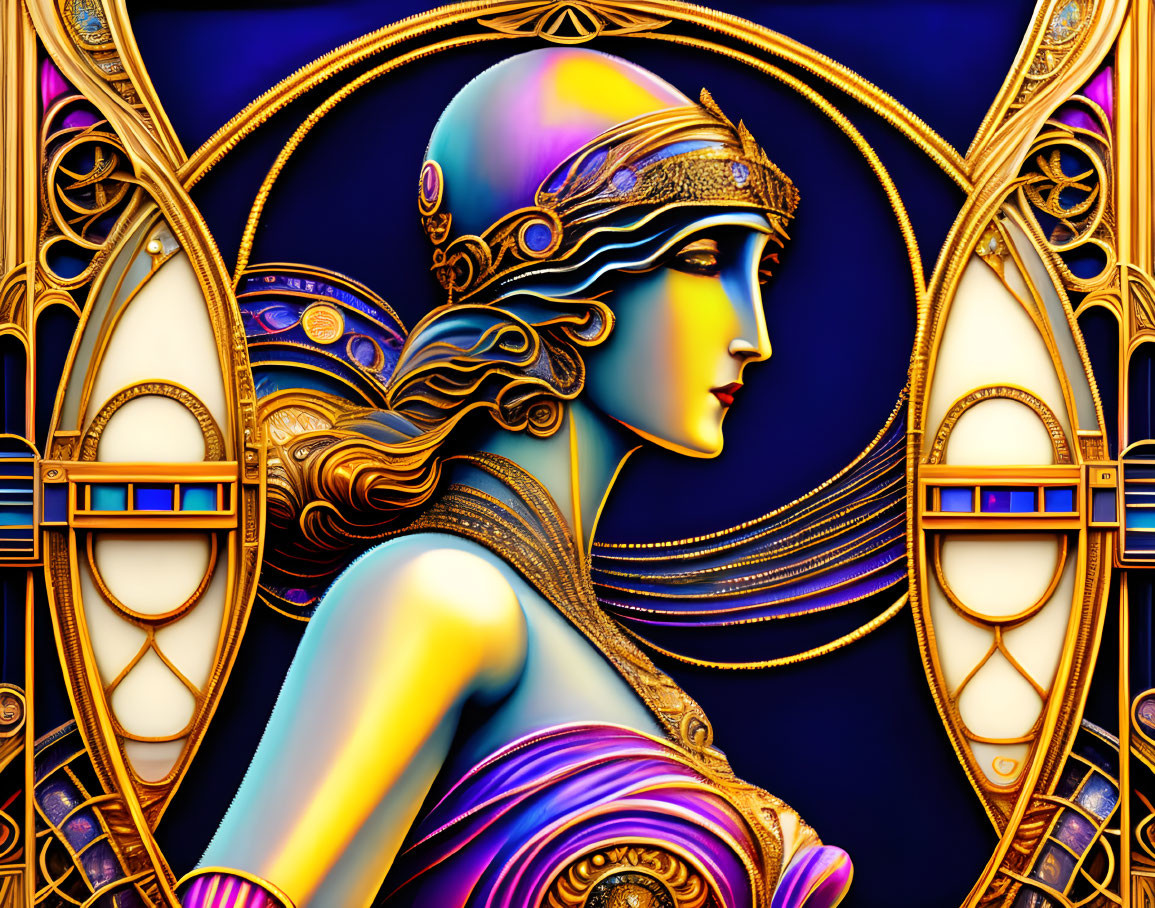 Profile of woman with decorative helmet in Art Deco style