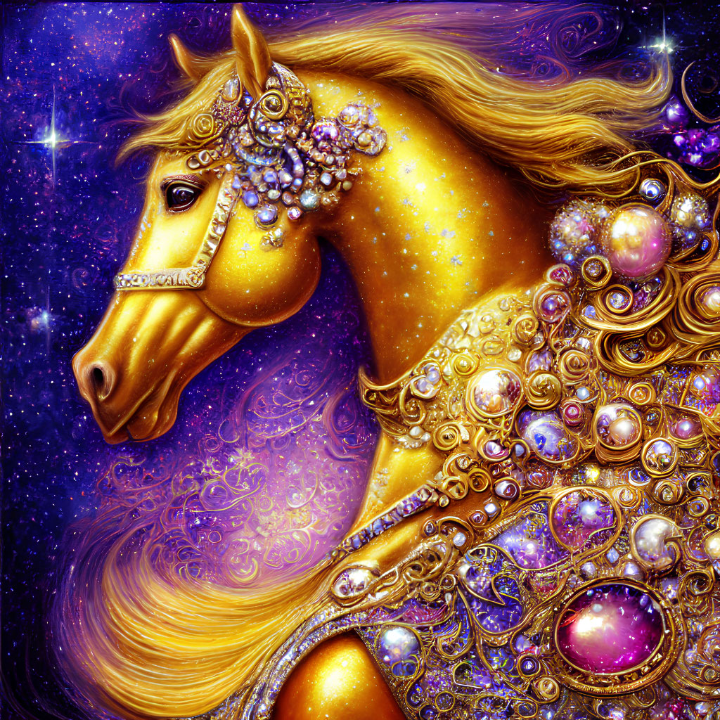 Golden horse with jewelry in cosmic purple background