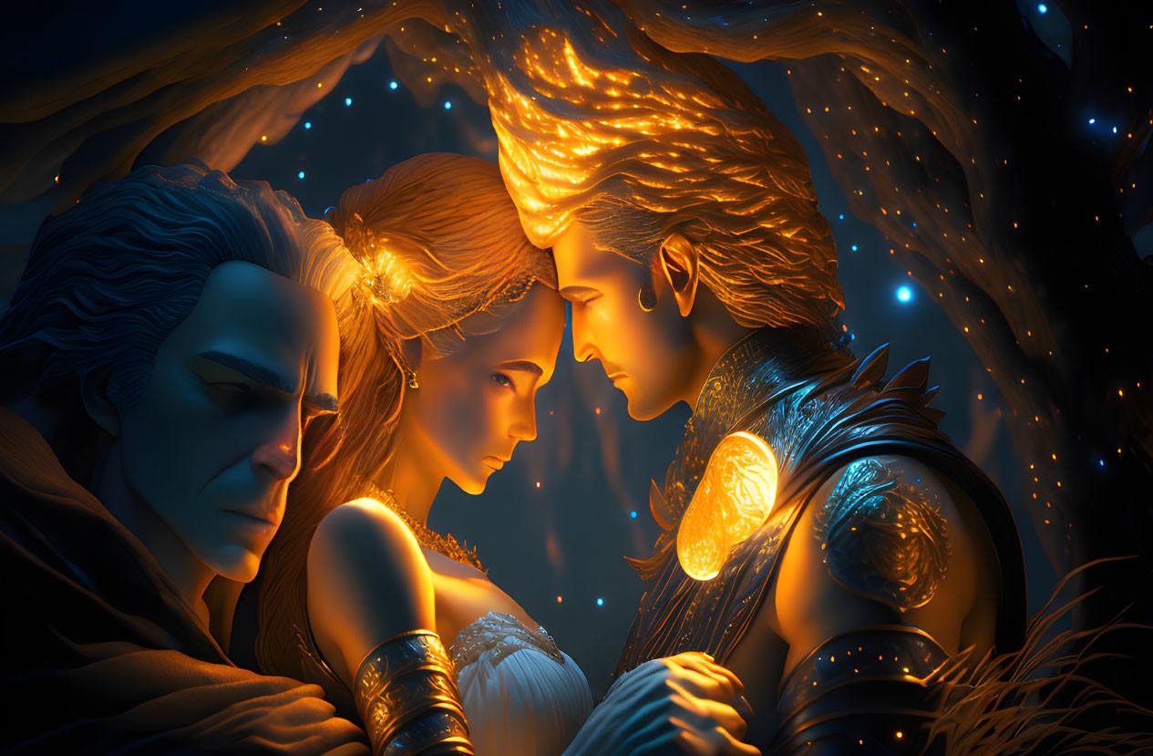 Fantasy-themed artwork featuring stylized characters in ornate armor and glowing hair.