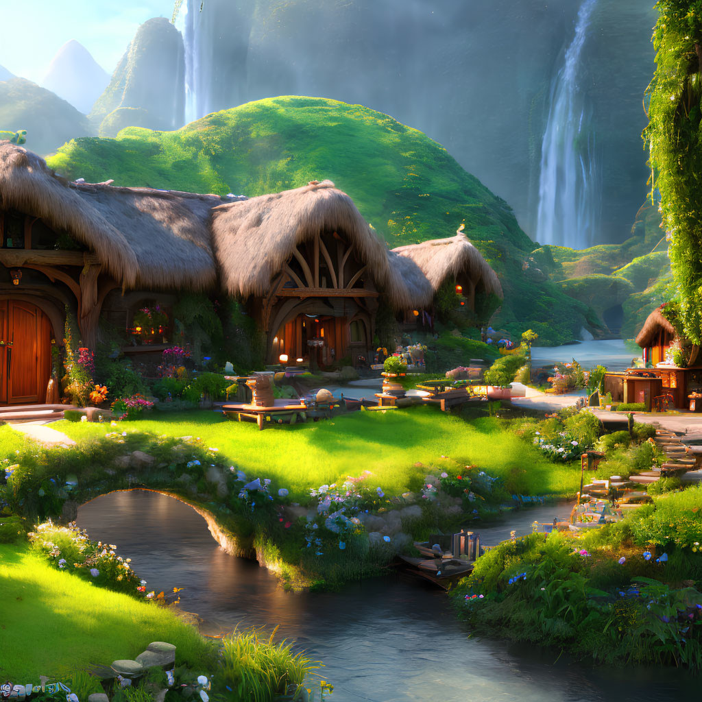 Tranquil fantasy village with thatched cottages, river, waterfalls, and mountains