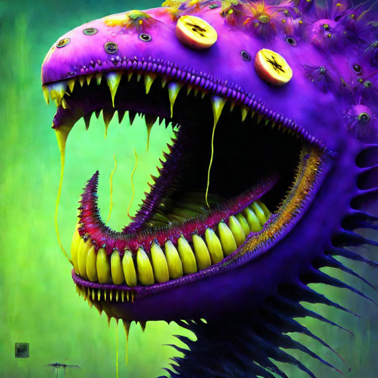 Purple creature with sharp teeth and yellow eyes on vibrant green background