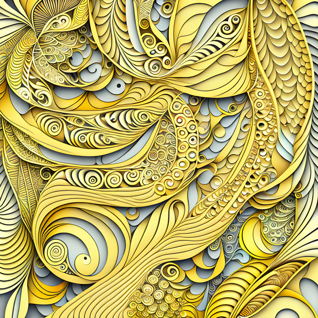 Detailed Gold and Yellow Abstract Pattern with Swirling Lines and Textured Shapes