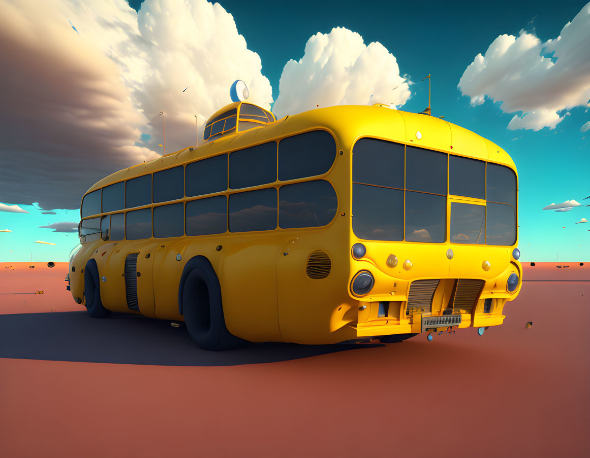 Yellow submarine-bus hybrid with portholes and propellers on sandy surface