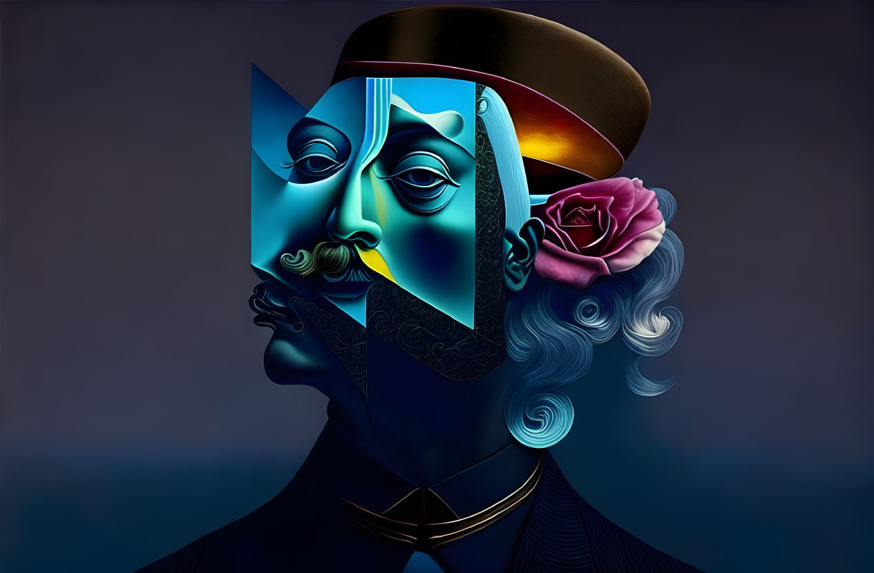 Abstract Surreal Portrait: Victorian Gentleman with Split Face, Rose, and Whimsical Curls