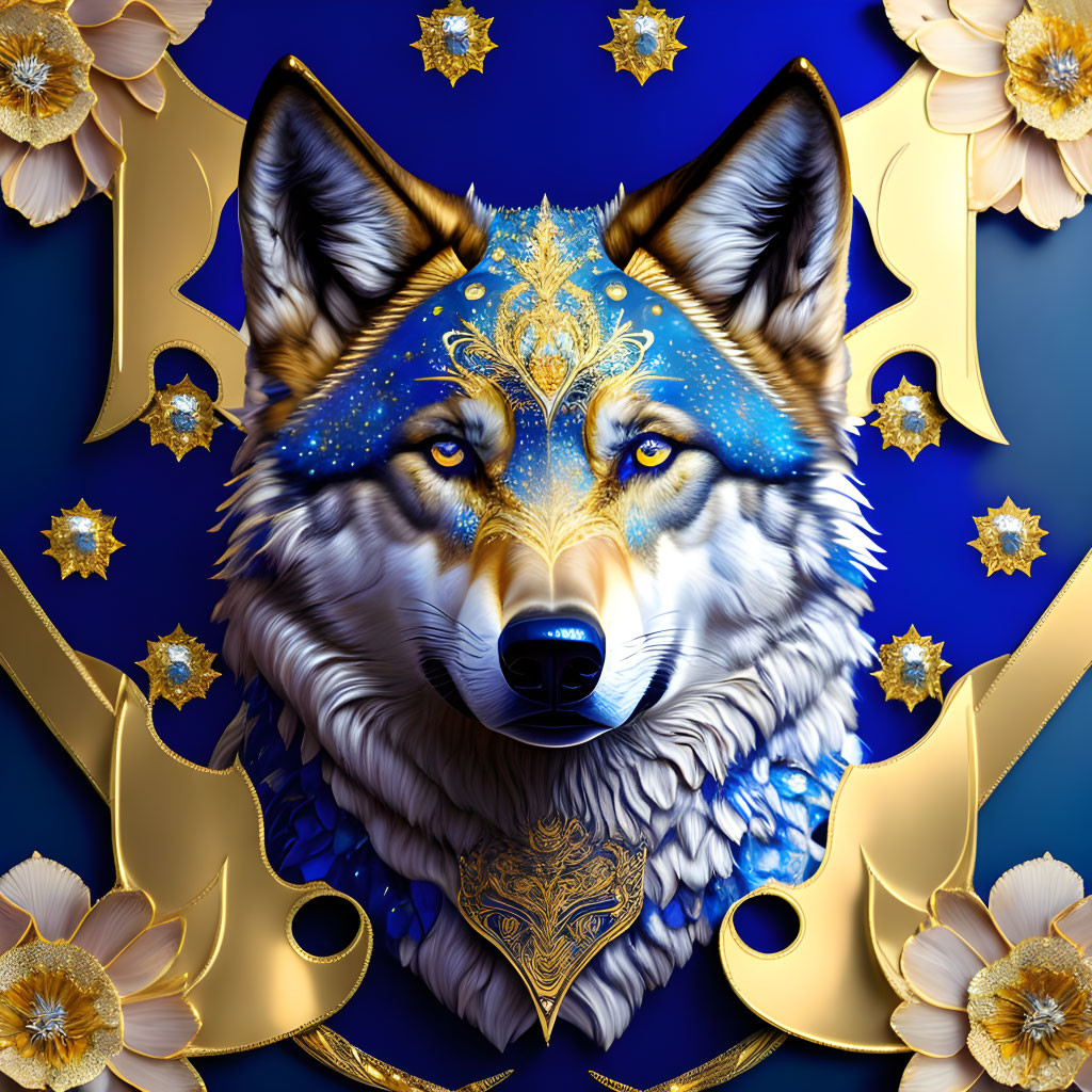 Detailed wolf head with golden patterns, white flowers, and star ornaments on blue.