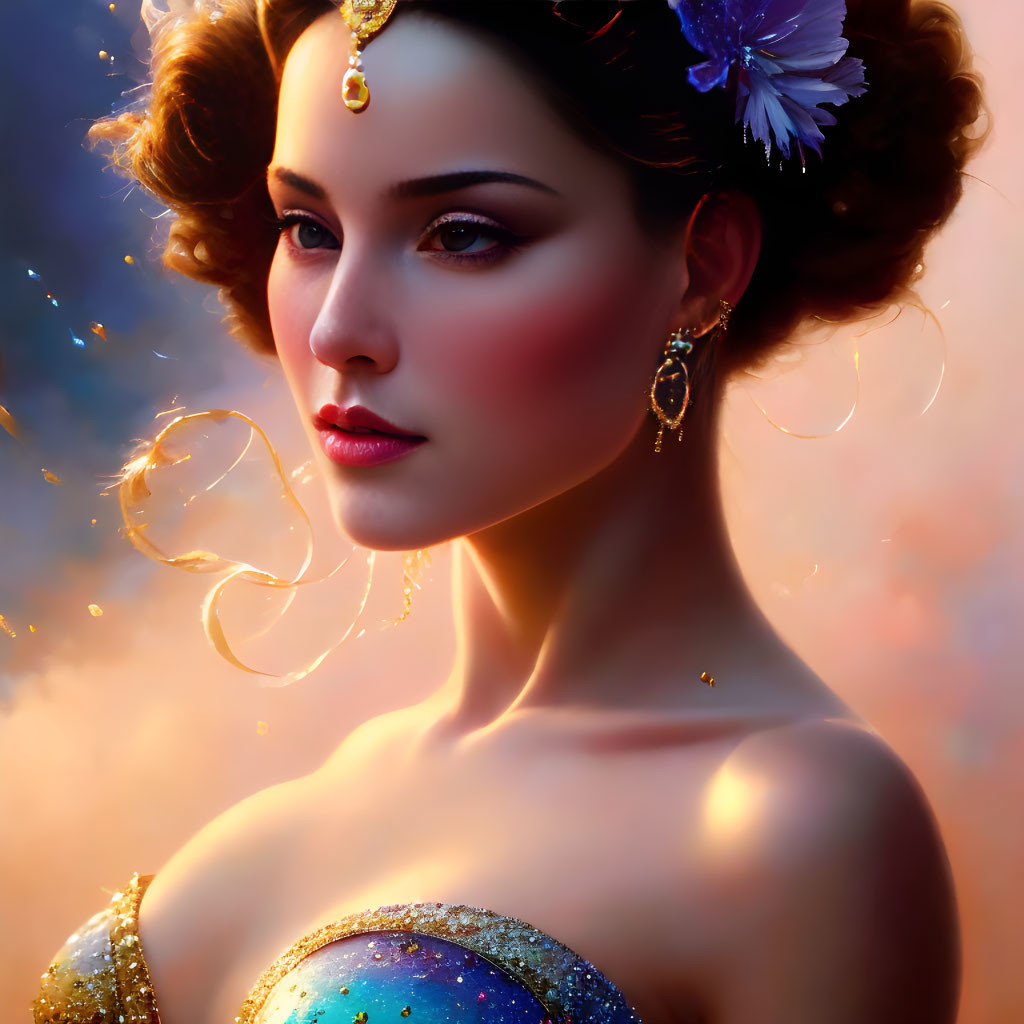 Cosmic-themed digital portrait of woman with elegant jewelry