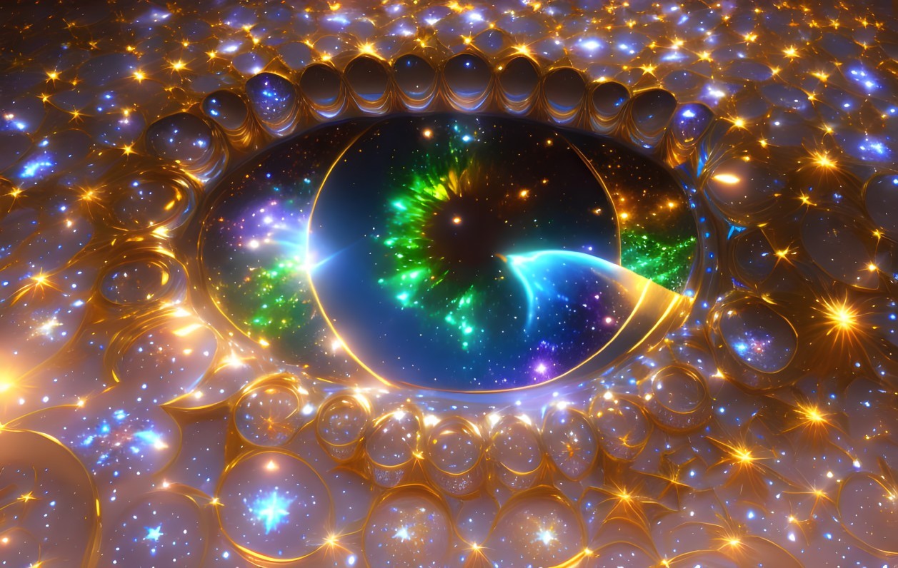 Cosmic-themed digital art with black void, colorful starbursts, and golden spheres