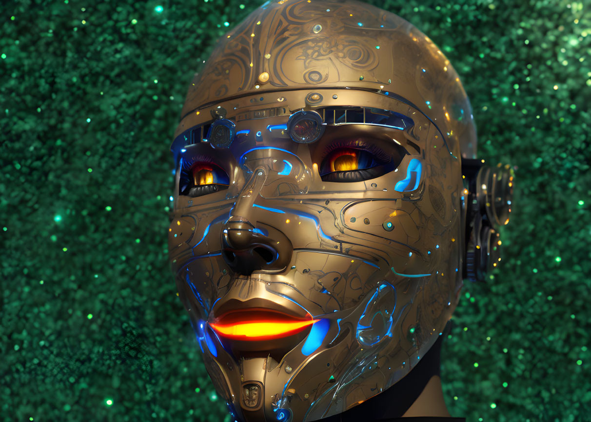 Detailed golden robotic face with red eyes on green background