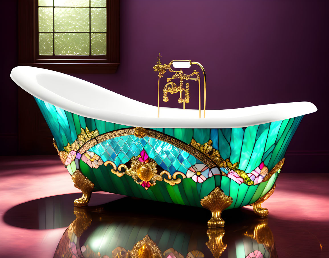 Luxurious Bathtub with Stained Glass & Gold Accents in Room with Glossy Floor & Green