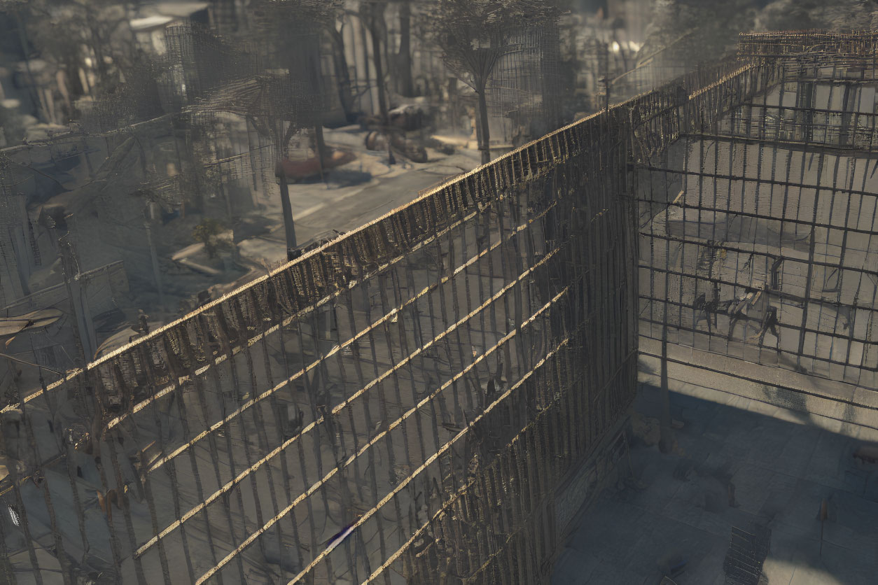 Shadow-cast pedestrian overpass with rusty chain-link fences and snow-dusted trees.