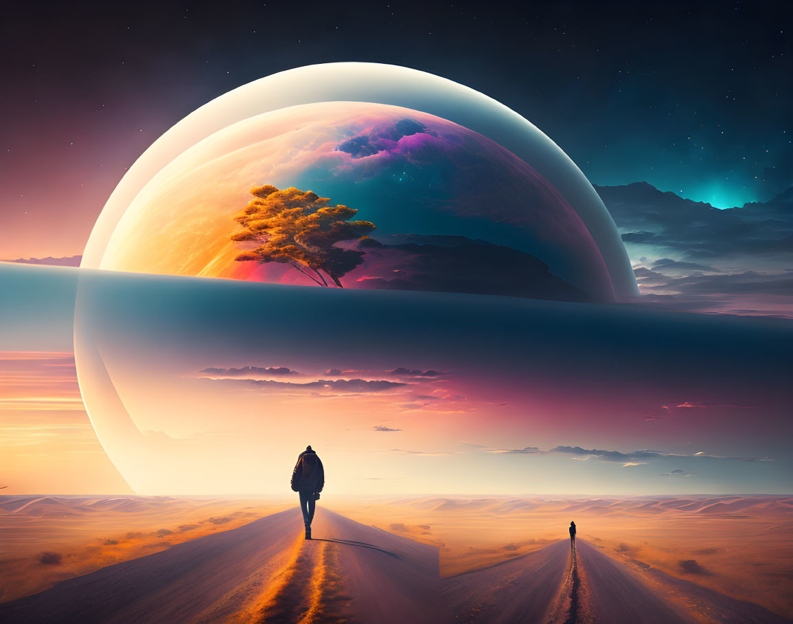 Surreal landscape with person, giant planet, tree, and twilight sky